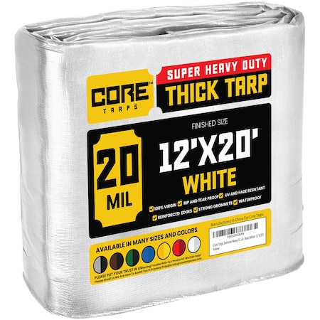 Core Tarps Heavy Duty Tarp, 20 ft L x 0.5 mm H x 12 ft W, 20 Mil, White, Polyethylene CT-704-12X20